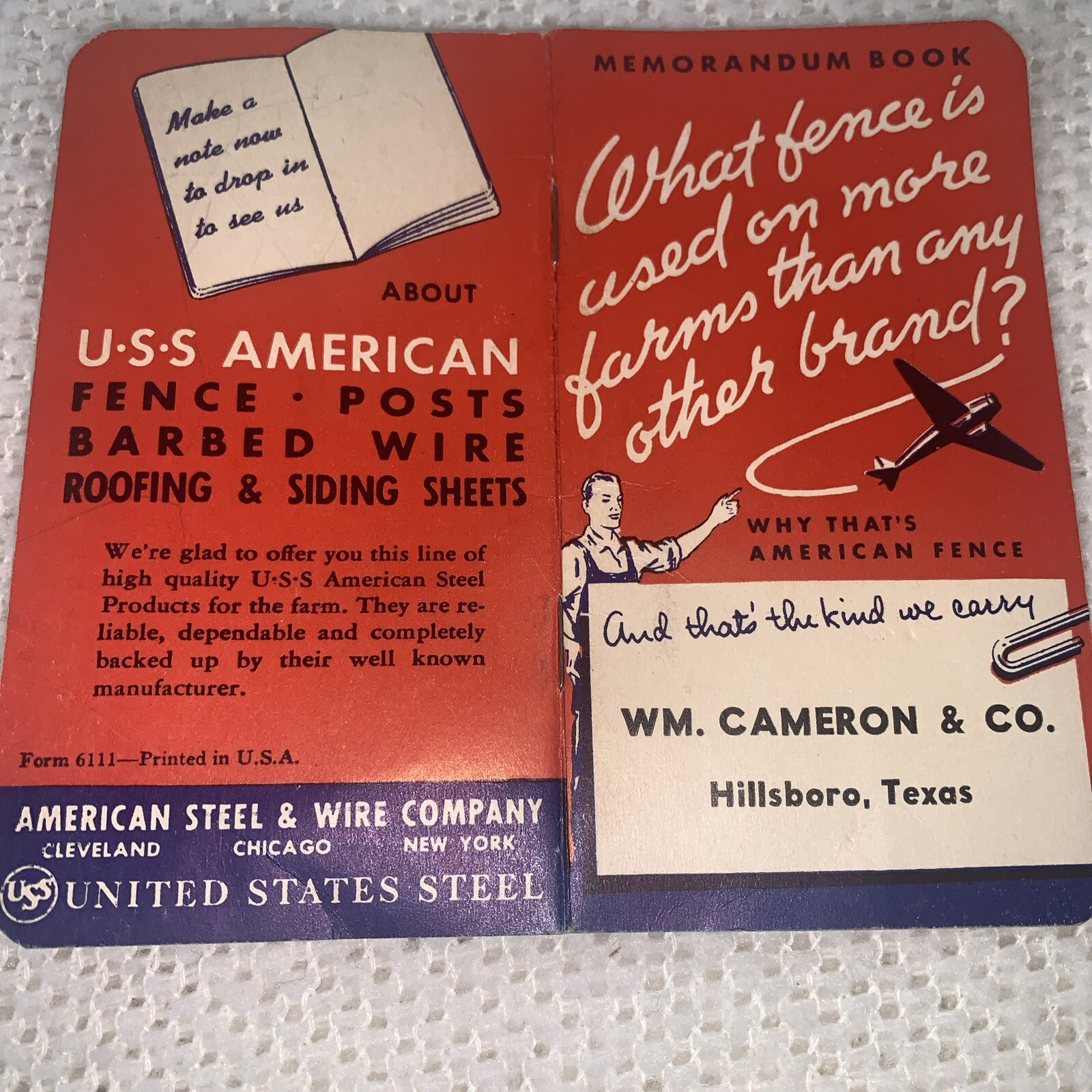 U.S.S. American Fence Memo Book WM. Cameron & Co. Hillsboro, Texas 1940-1941