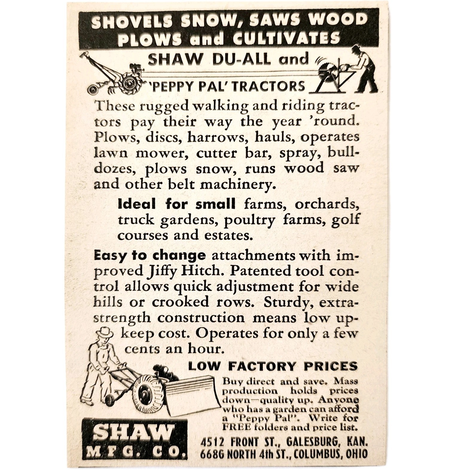 1947 Shaw Du-All Peppy Pal Tractors Advertisement Vintage Agriculture E8H