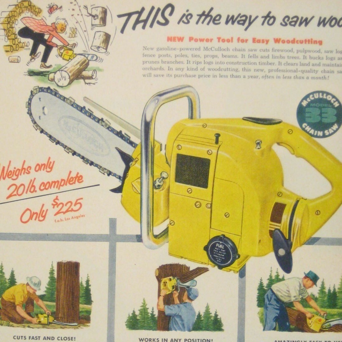 Vintage McCulloch Gasoline Chainsaw Yellow Lightweight Woodcutting Print AD 1953