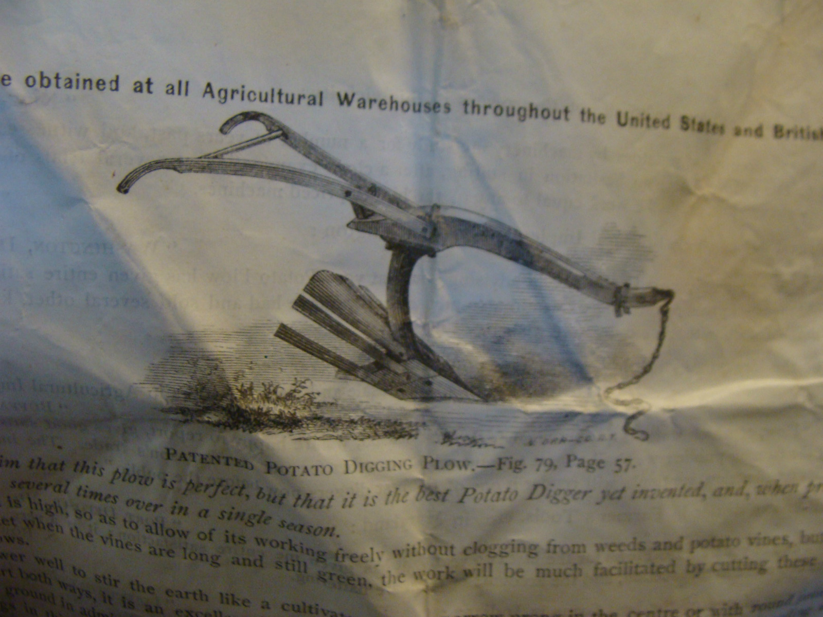 orig. Patented Potato Digging Plow info paper folded, as shown, 1800&rsquo;S