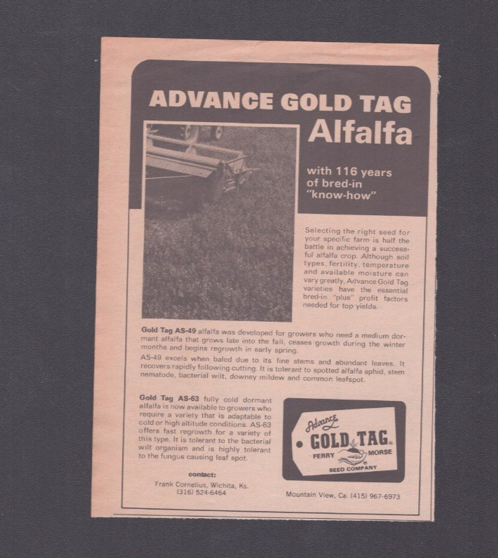1972 Print Ad Advance Gold Tag Ferry Morse Seed Co Wichita KS Frank Cornelius