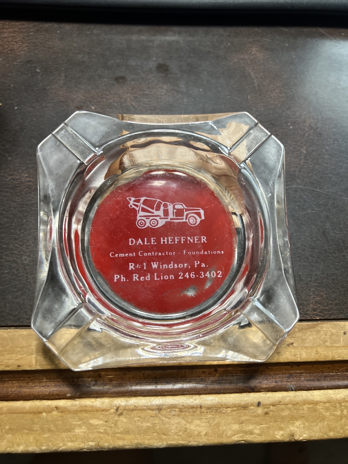 Vintage Glass Ashtray Dale Heffner Cement Contractor Windsor Red Lion Pa
