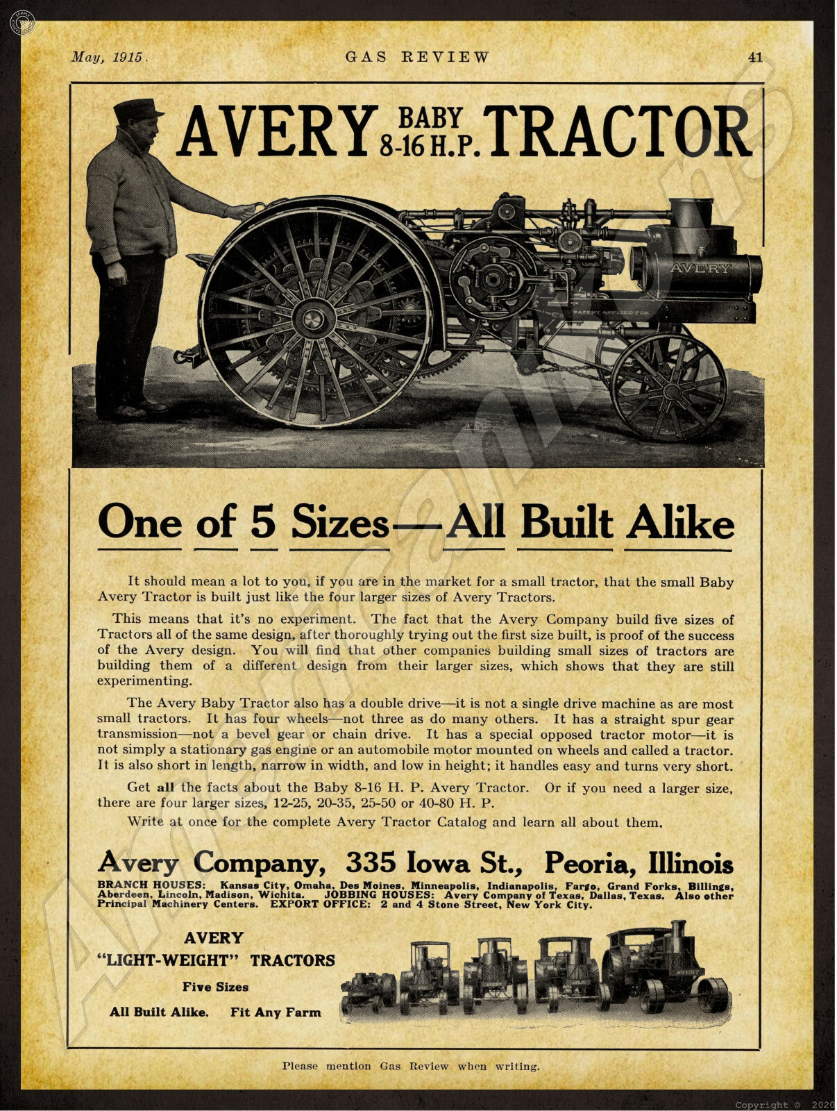 1915 Avery Tractors New Metal Sign: Baby 8-16 HP Model – Peoria, Illinois