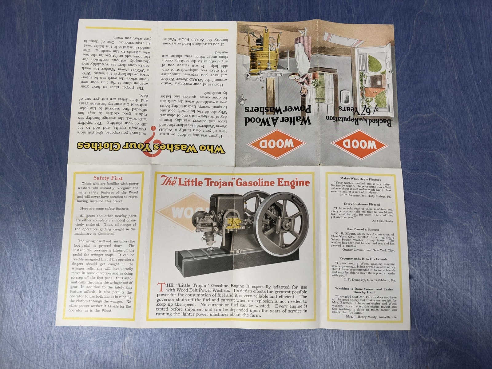 Circa 1920 Fold Out Brochure Walter Wood Power Washers Little Trojan Engine Nice
