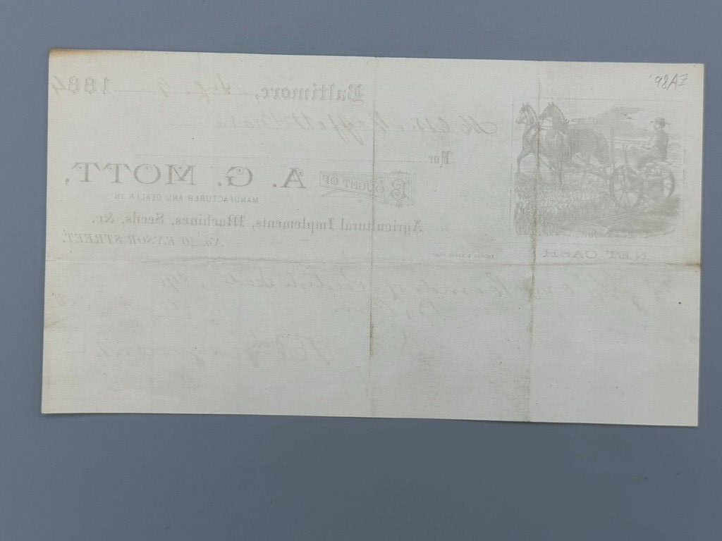 1884 AG Mott AGRICULTURAL Implements FARM SEEDS Advertising Receipt BALTIMORE