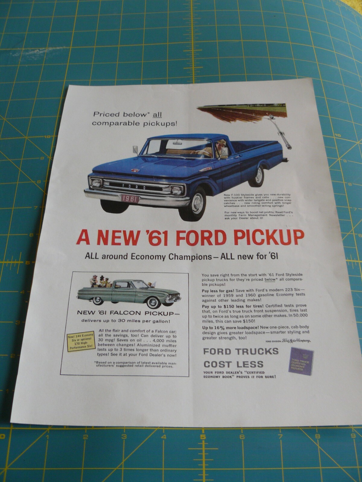 THE FARM QRTLY- SUMMER 1961 – ad – FORD F-100 PICKUP TRUCK / new FALCON 30 mpg