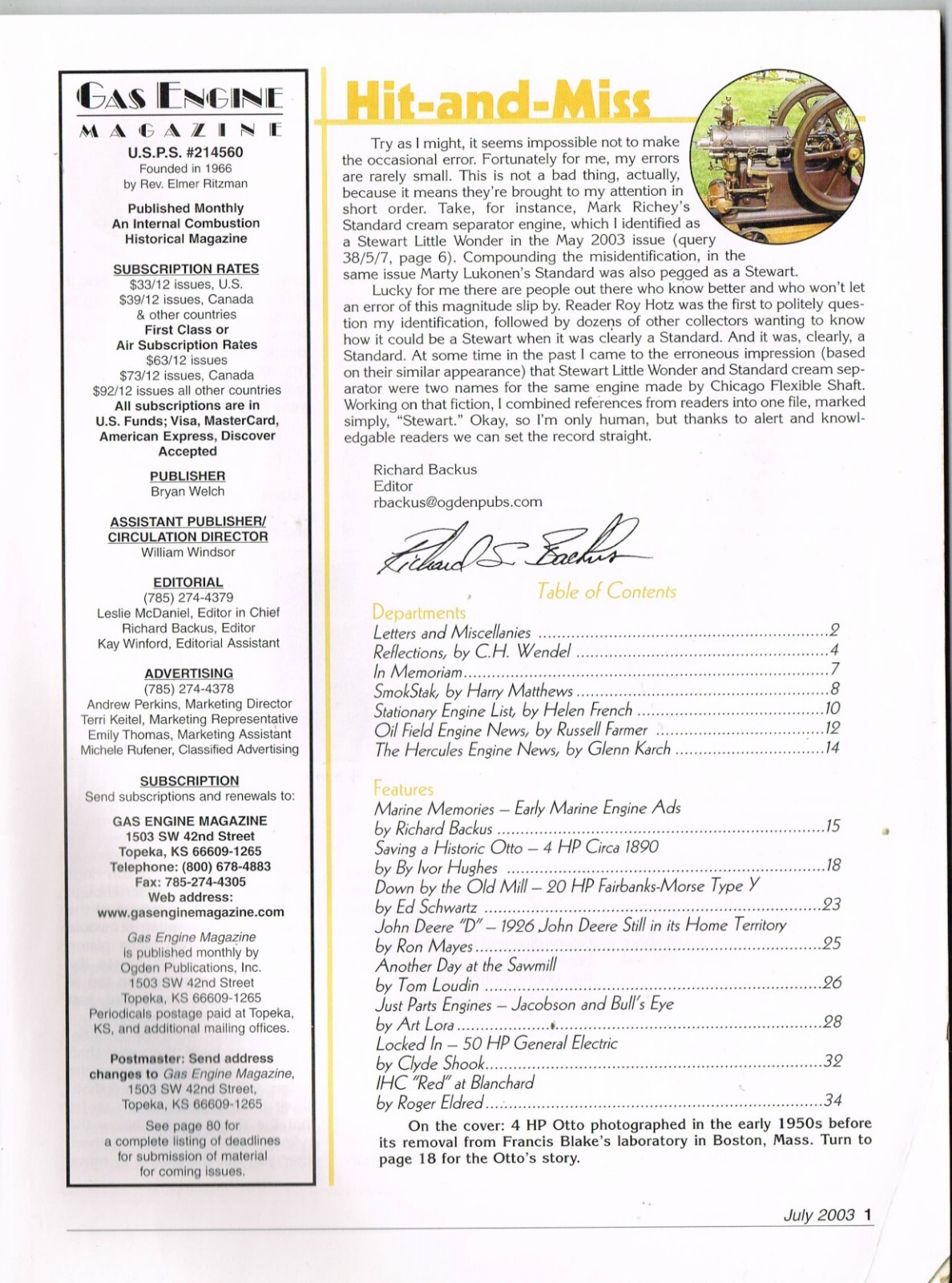 The GAS ENGINE magazine July 2003, 4HP Otto, John Deere « D »