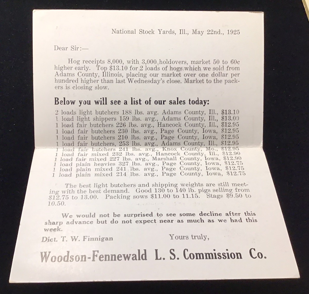 1925 NATIONAL STOCK YARDS IL WOODSON-FENNEWALD LIVE STOCK COMMISSION HOG PRICING
