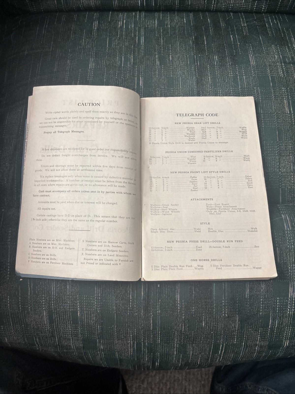 Vintage 1943 PEORIA Drill Seeder Co Farm Price List REPAIR CATALOG Illustrated