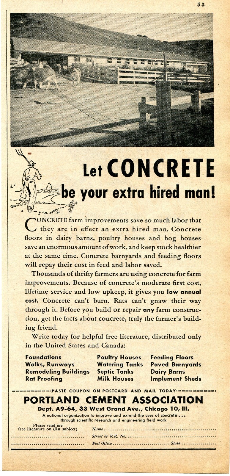 1947 Print Ad of Portland Cement Association let concrete be your hired man