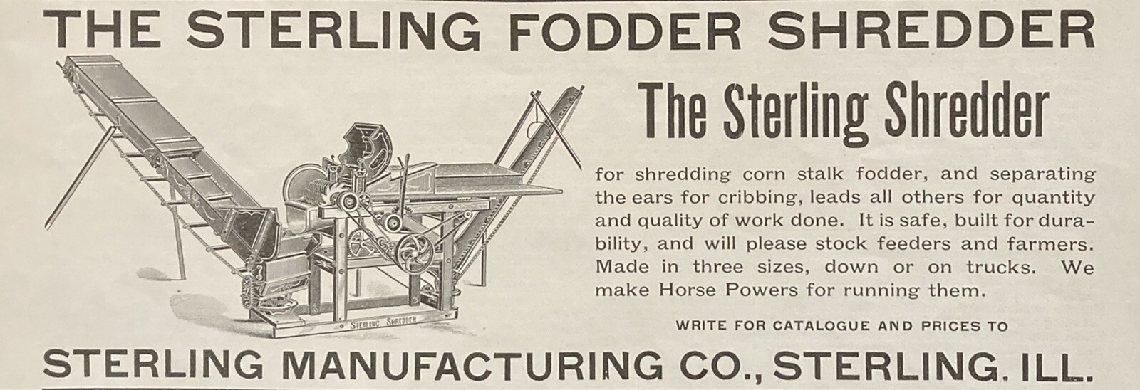 1898 AD(XH25)~STERLING MFG. CO. STERLING, ILL. THE STERLING FODDER SHREDDER