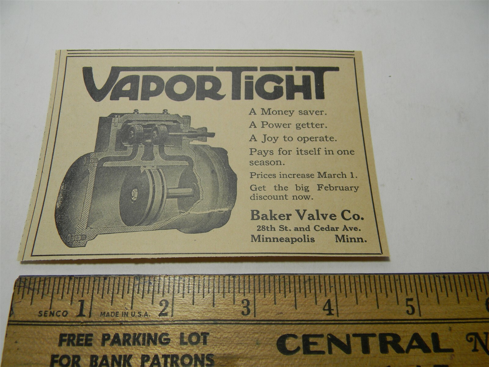 Vintage 1920s Vapor Tight Baker Valve Co. Minneapolis Man Cave Farming Ad – 1C5