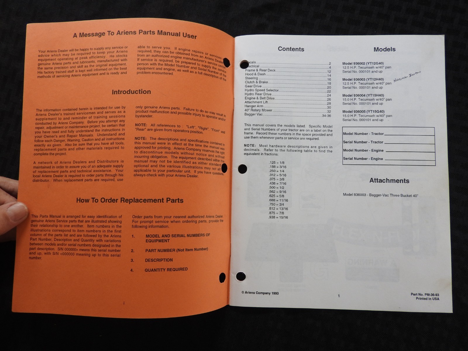 GENUINE ARIENS SIERRA 936 SERIES LAWN TRACTOR PARTS CATALOG MANUAL MINTY 1993