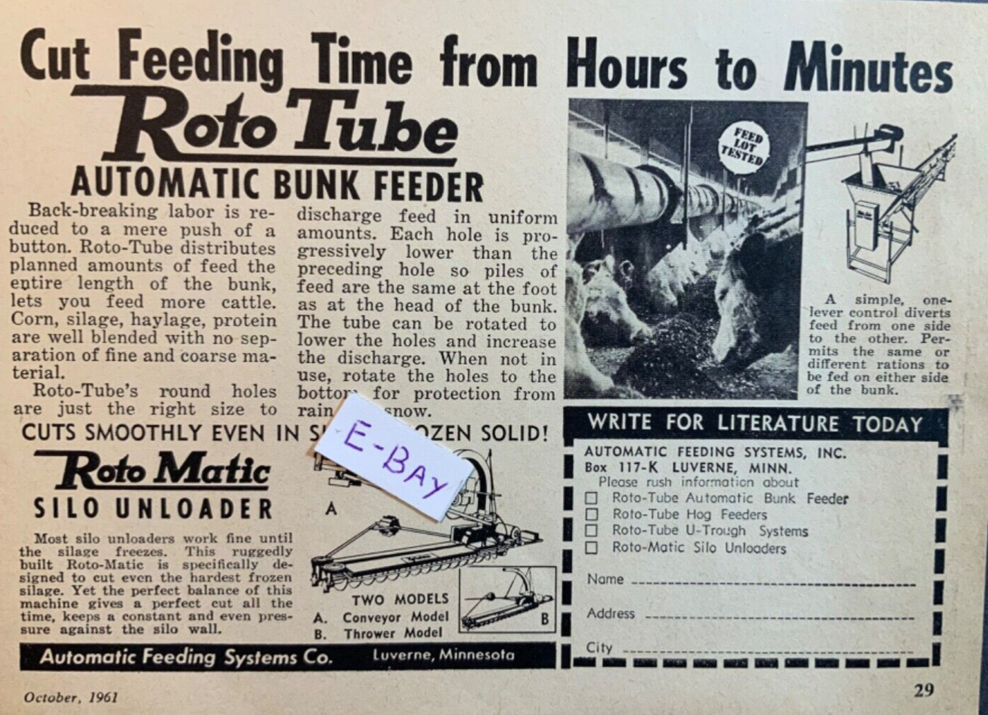 1961 Ad. Roto Tube Automatic Bunk Feeder. Automatic Feeding Systems. Luverne, MN