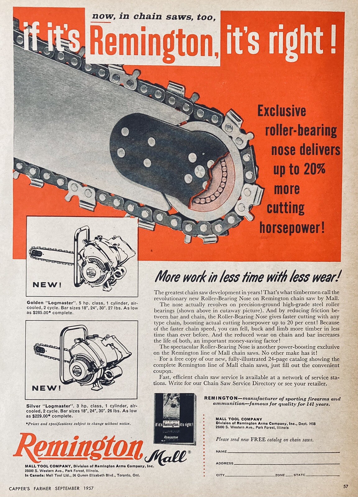 1957 AD(XH43)~MALL TOOL CO. DIV., REMINGTON ARMS. REMINGTON MALL CHAIN SAW