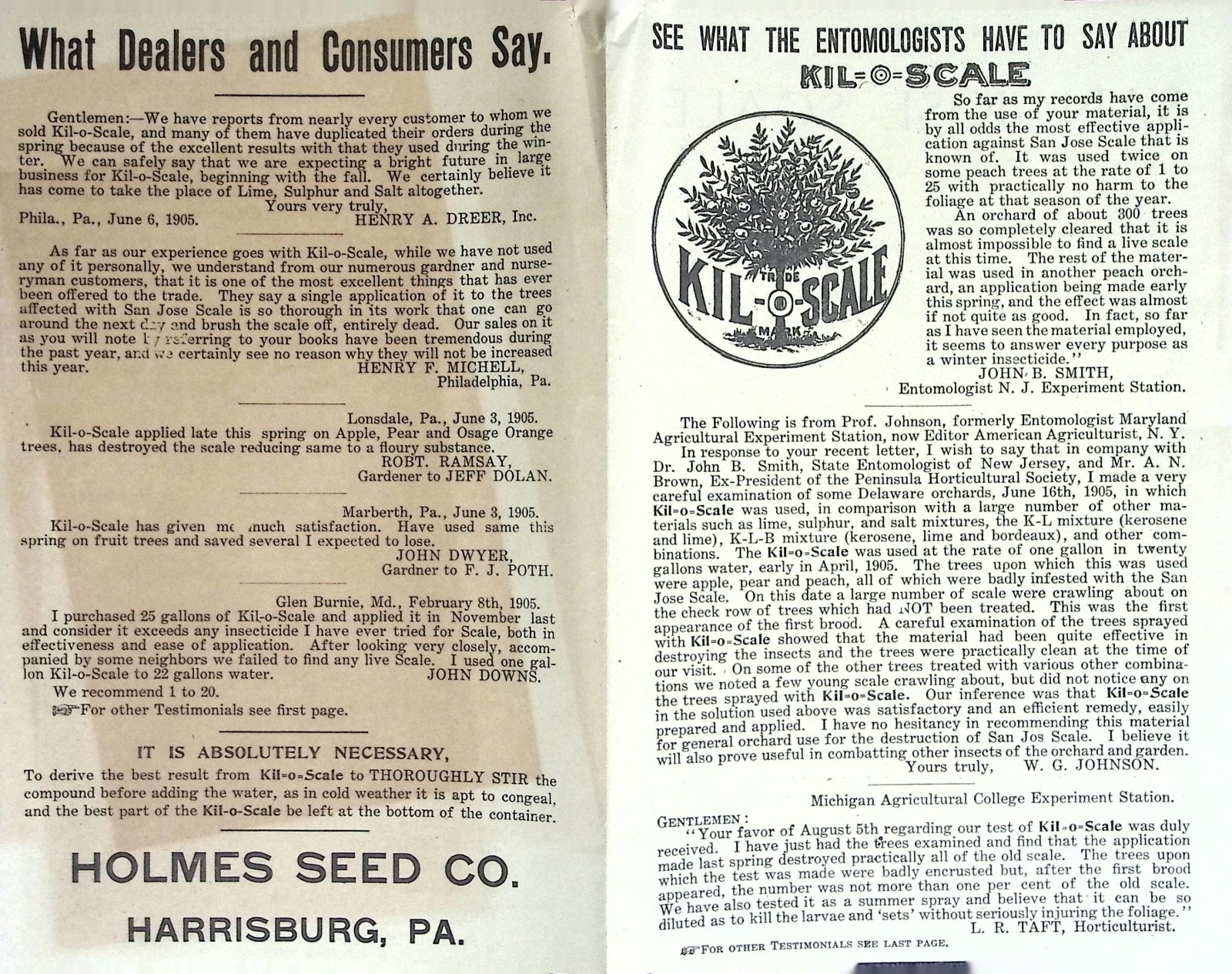 Vintage 1905 Kil O Scale Insecticide Holmes Seed Co Harrisburg PA Advertising