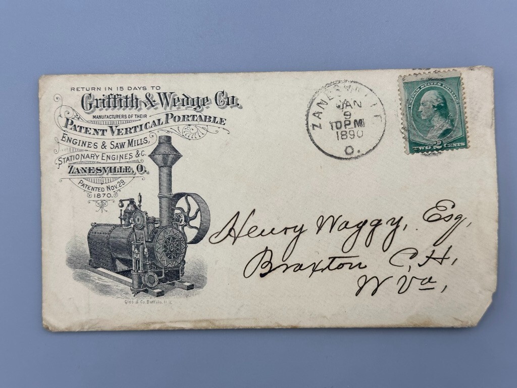 1890 Griffith & Wedge ENGINES SAW MILL Advertise FARM Postal Cover ZANESVILLE OH