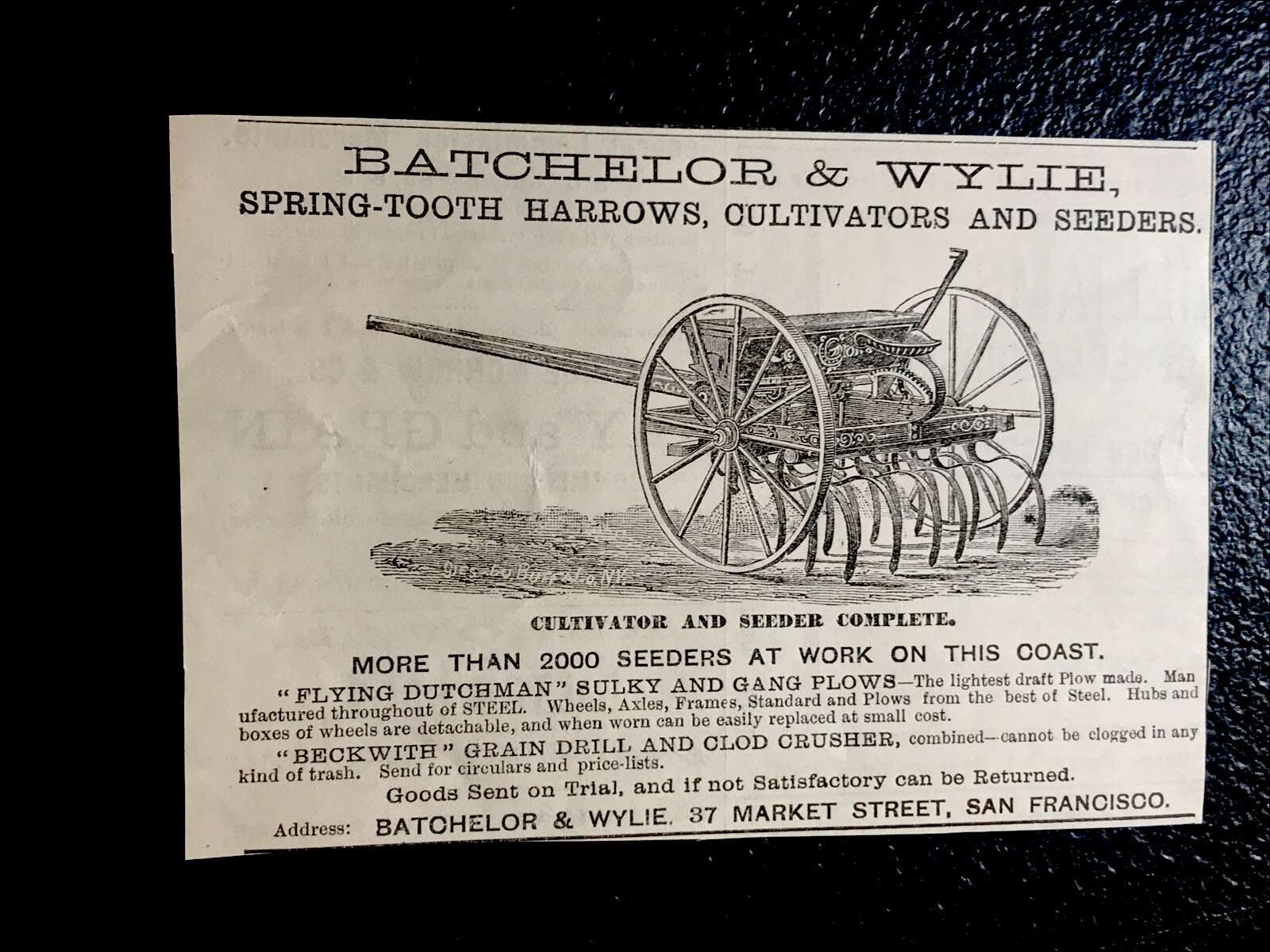 1886 Batchelor & Wylie Farm Implement Advertising – San Francisco – California