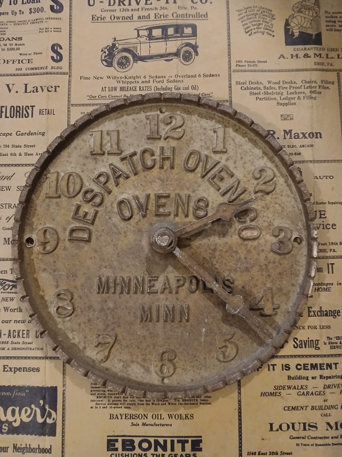 Antique Early Despatch Oven Clock Cast Iron Advertising Minneapolis Minnesota