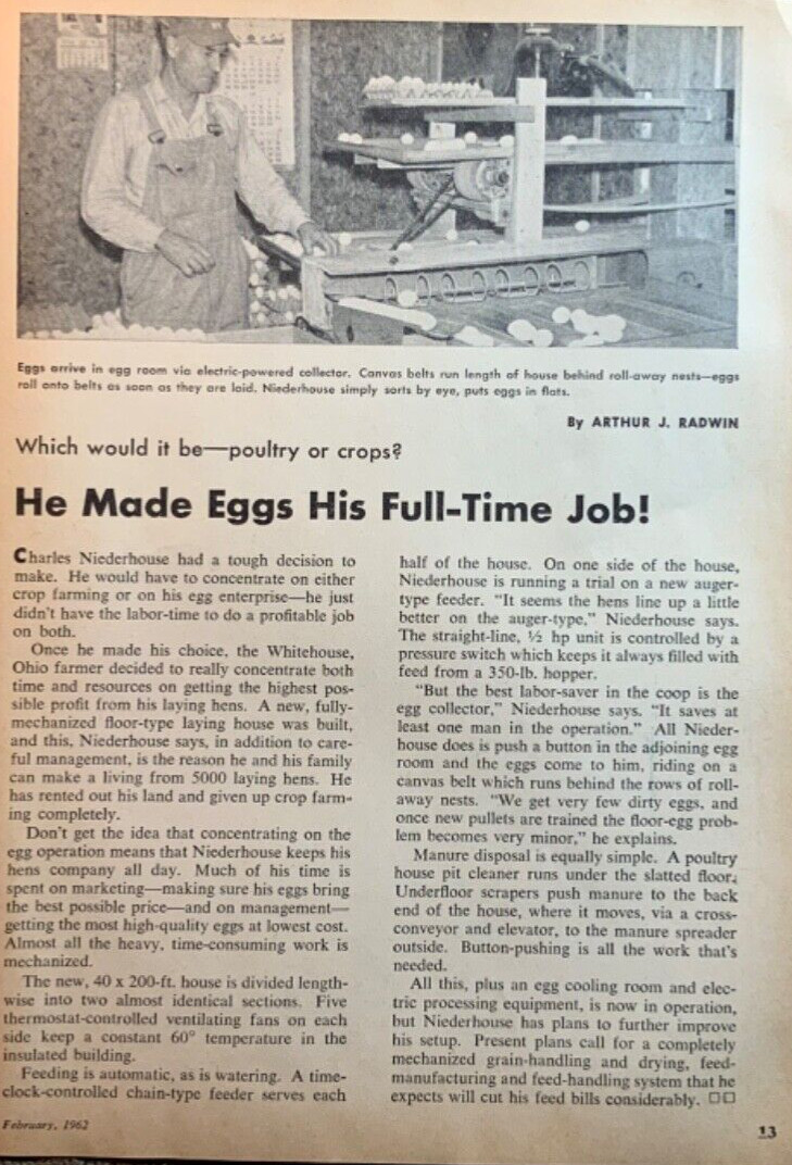 1962 Magaxine Article. Charles Niederhouse. Whitehouse, Ohio. Crop and Egg Farm