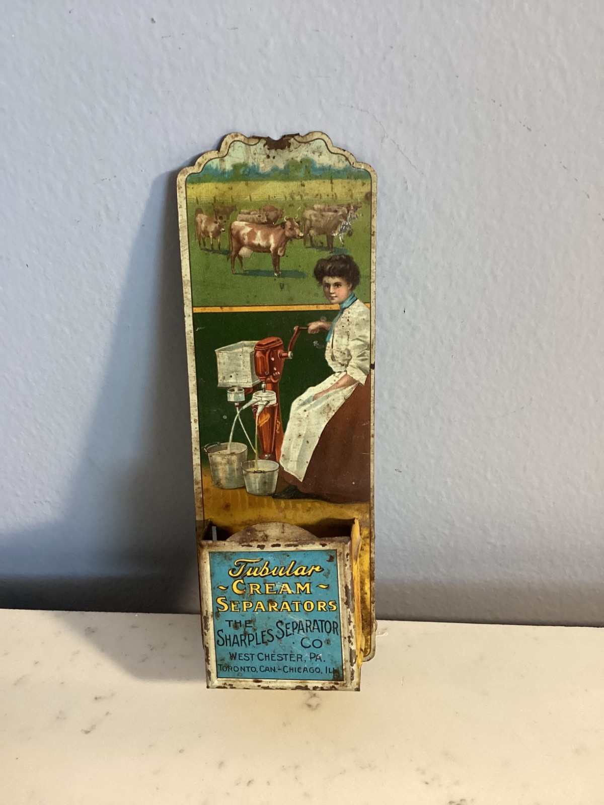 ANTIQUE SHARPLES TUBULAR CREAM SEPARTORS CO. MATCH HOLDER TIN MUST SEE NO RES
