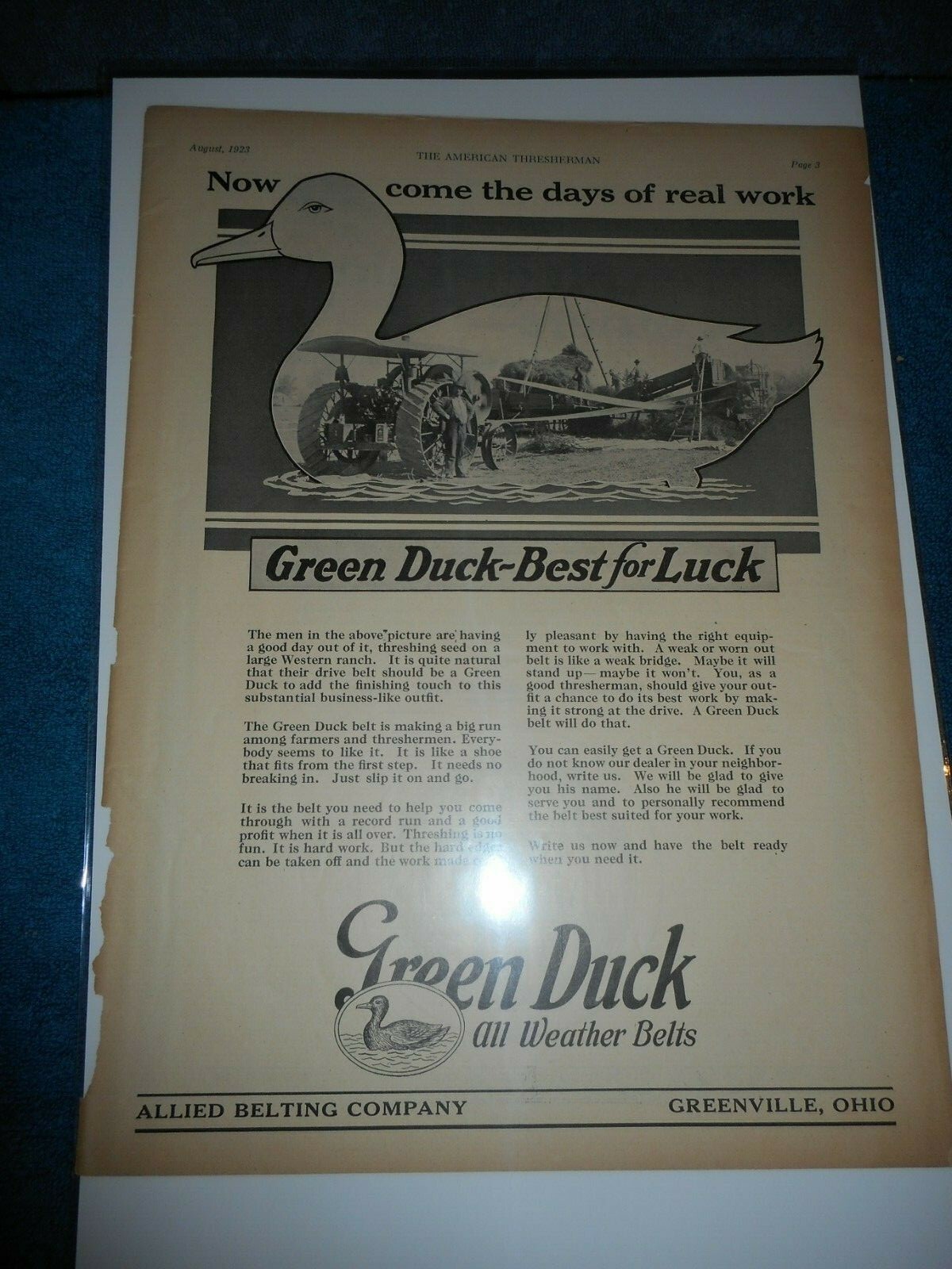 Green Duck Belts, Greenville OH Original Advertisement: Allied Belting Company