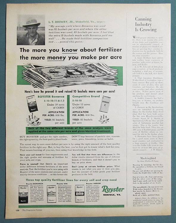 Orig 1959 Fertilizer Photo Endorsed Ad by L. T Drewry Jr of Wakefield Virginia