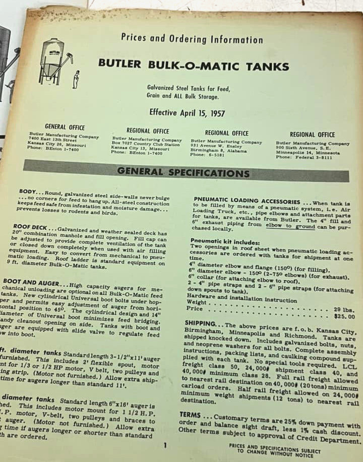 Vtg Butler Grain Bins Bulk O Matic Tanks Trans Duct Assembly Schematic Ad Bundle