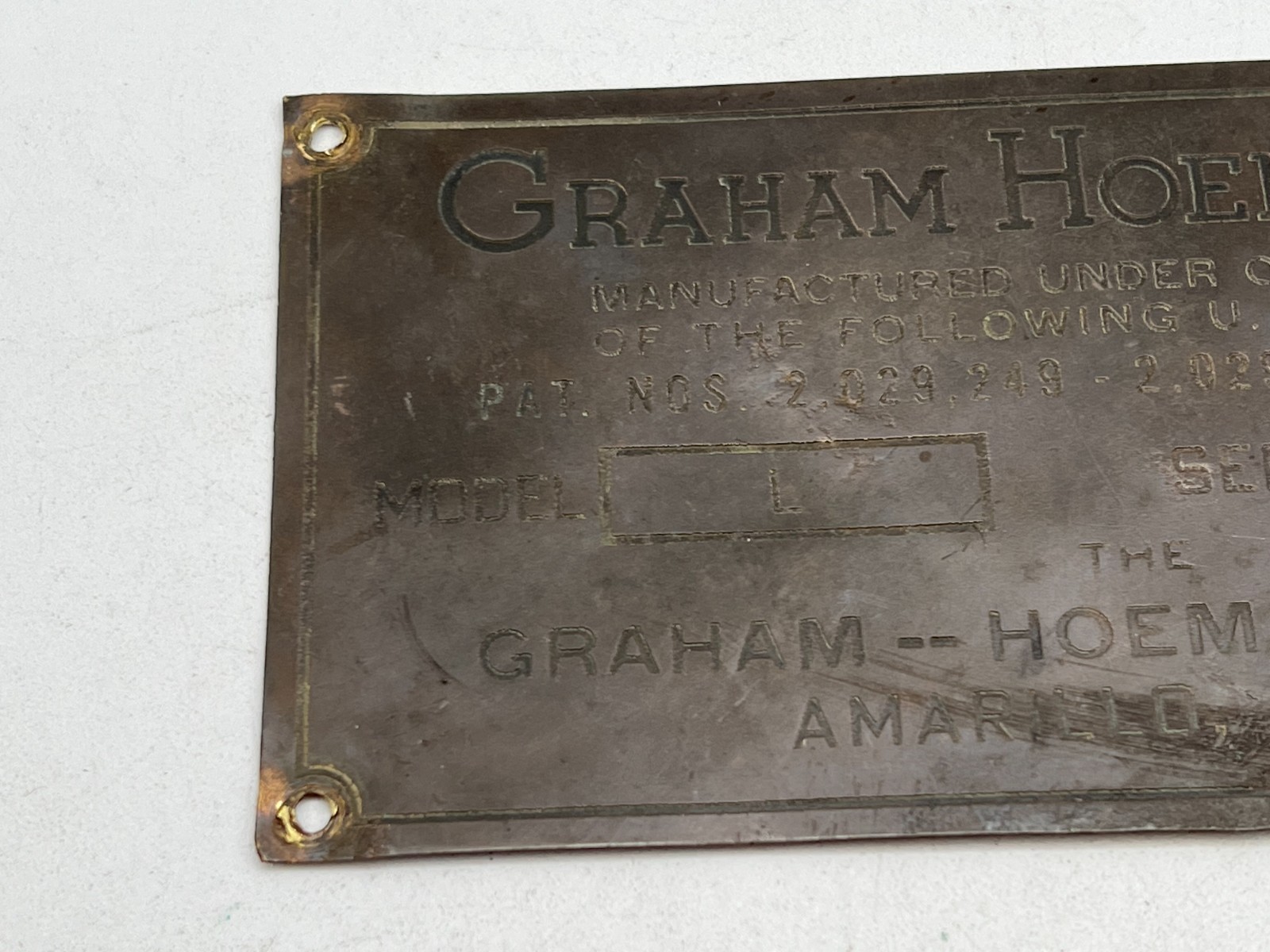 Vintage Graham Hoeme Plow Co. Amarillo, Texas TX Model L Brass Tag / Plate