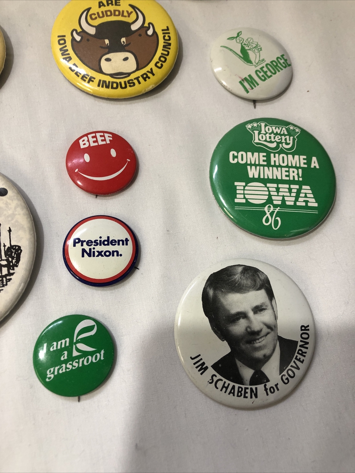 Vintage Iowa & Nebraska Advertising Political Buttons 1980s + Nixon 4 President