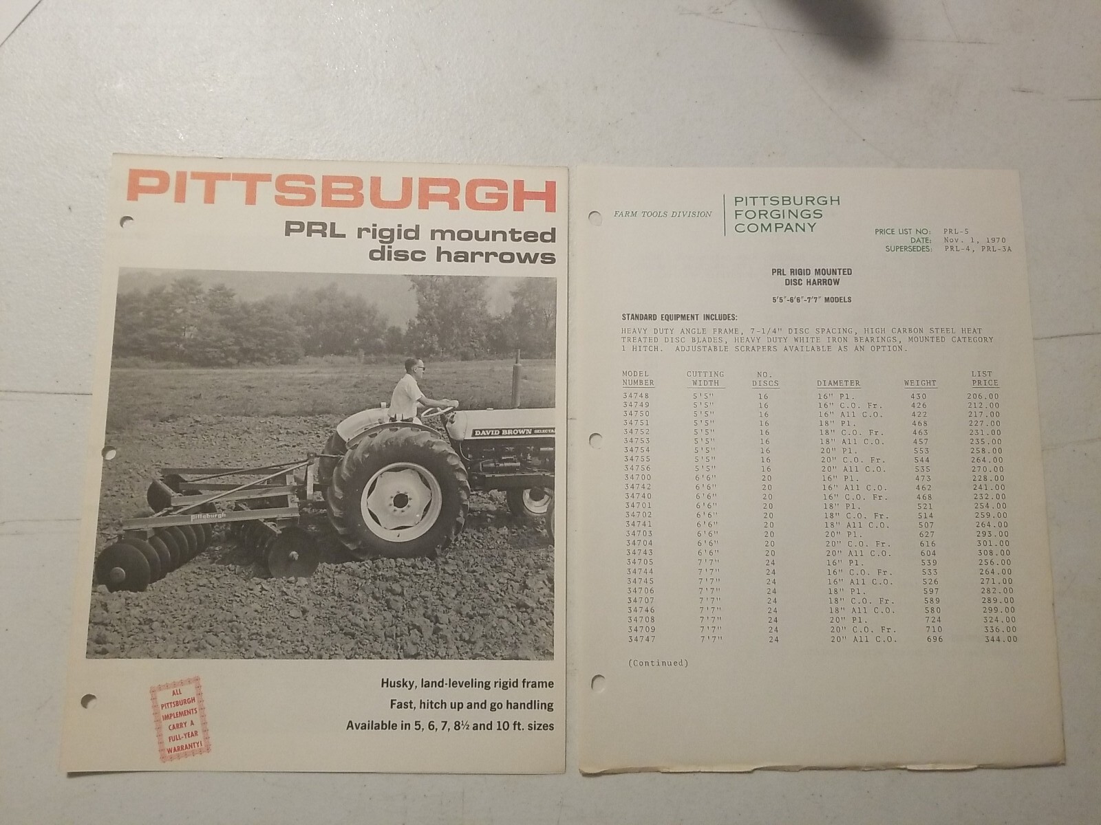 1970 PITTSBURGH FORGINGS CO. RIGID MOUNTED DISC HARROWS BROCHURE &PRICE LIST