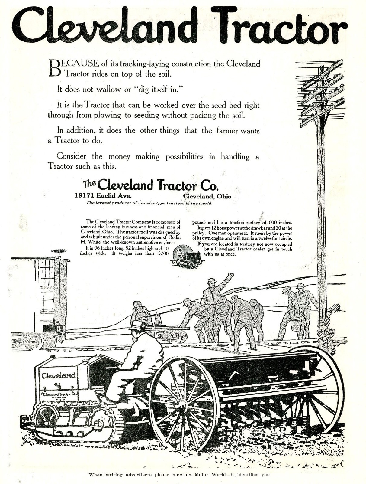 1919 Original Cleveland Tractor Ad. Rides On Top Of Soil, Won&rsquo;t Pack It Down