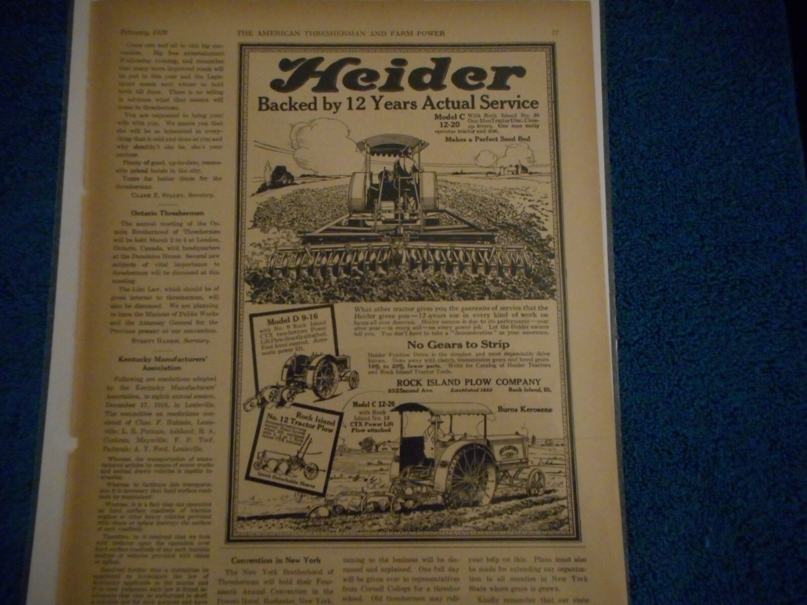 1920 Rock Island Plow Co. Advertisement: Heider Model C 12-20, D 9-16, Tractors