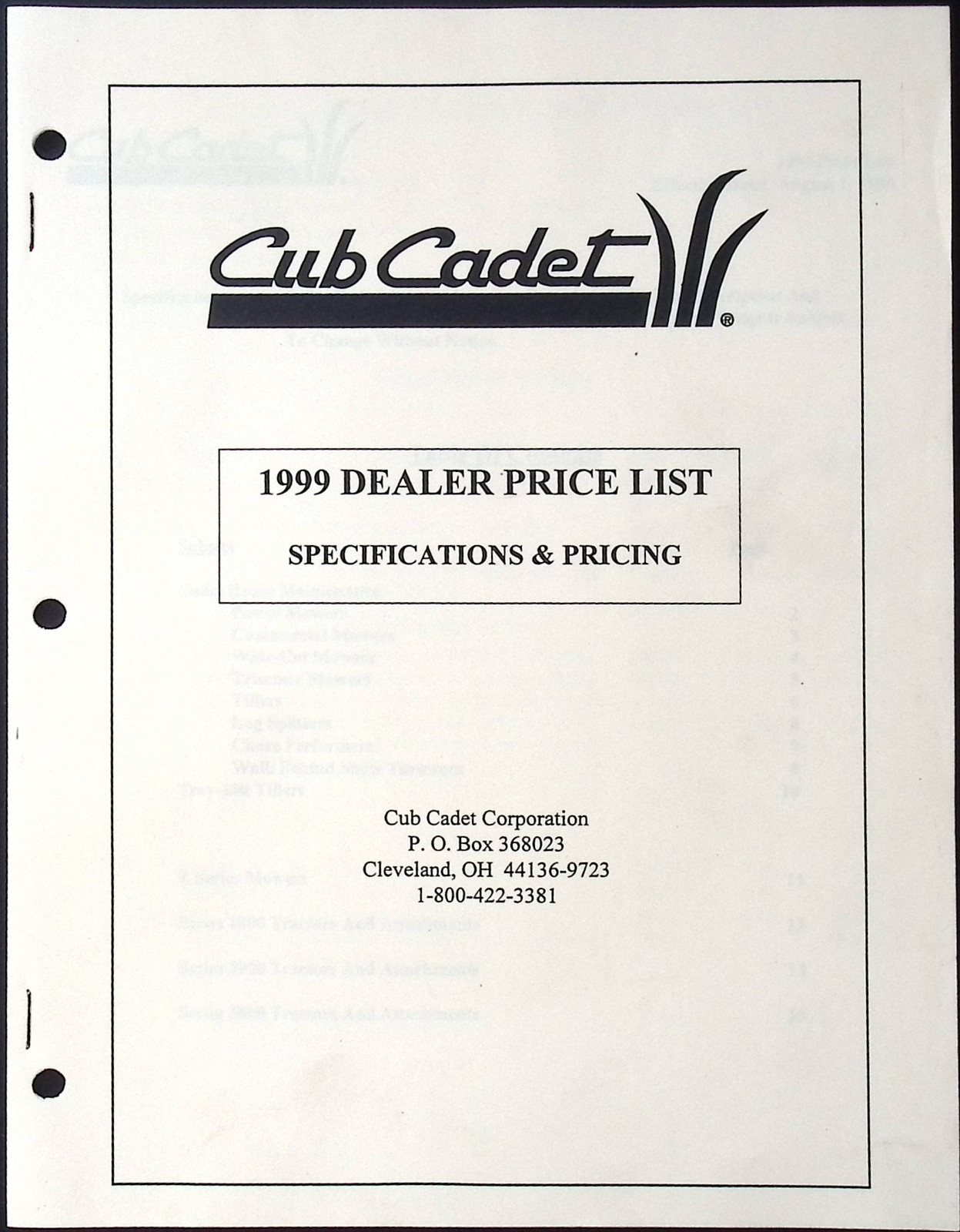 1999 Cub Cadet Dealer sales lot: Dealer Price List, The Big Event price list, Mo