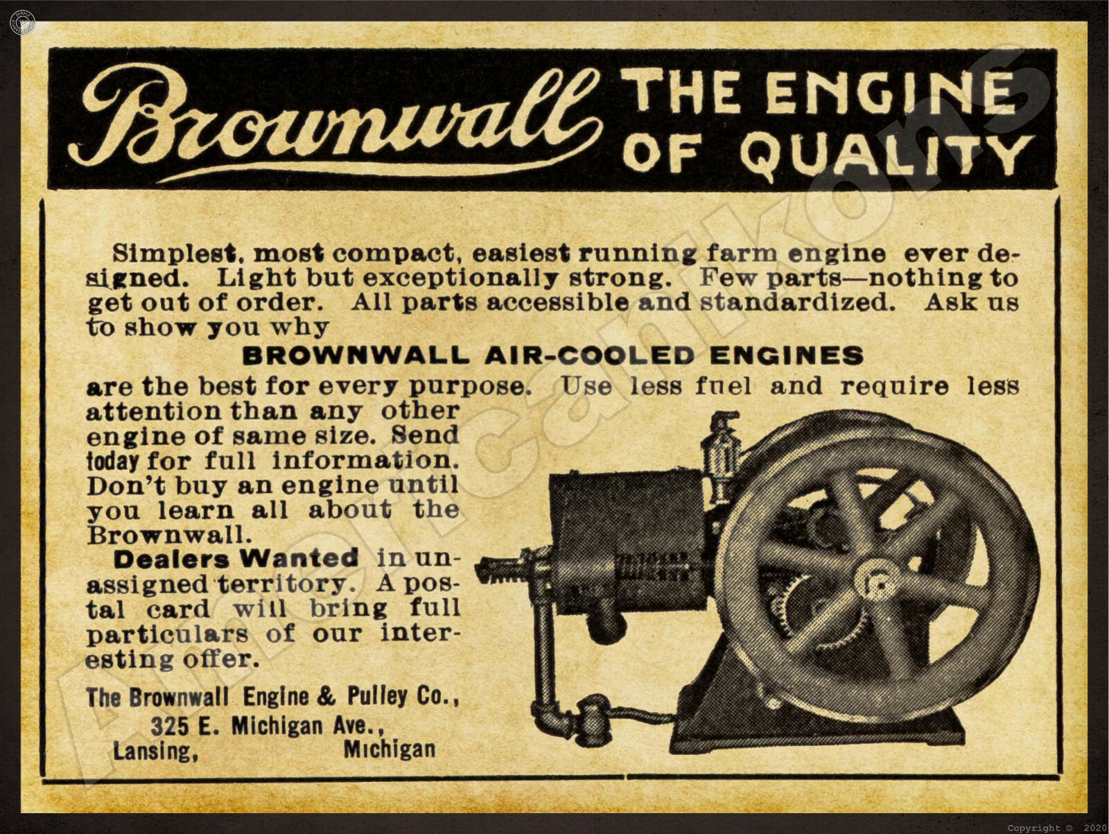 1912 Brownwall (Gas) Engine & Pulley Co. New Metal Sign: Lansing, Michigan