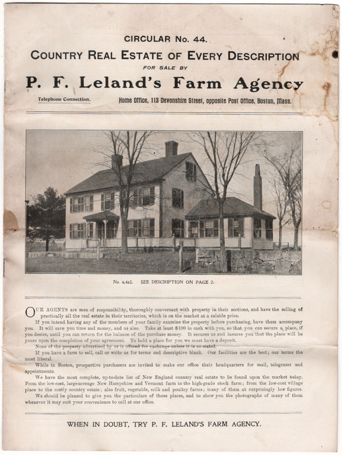 P. F. Leland&rsquo;s Farm Agency, Boston, Mass. Property Add Circular No. 44, ca 1890