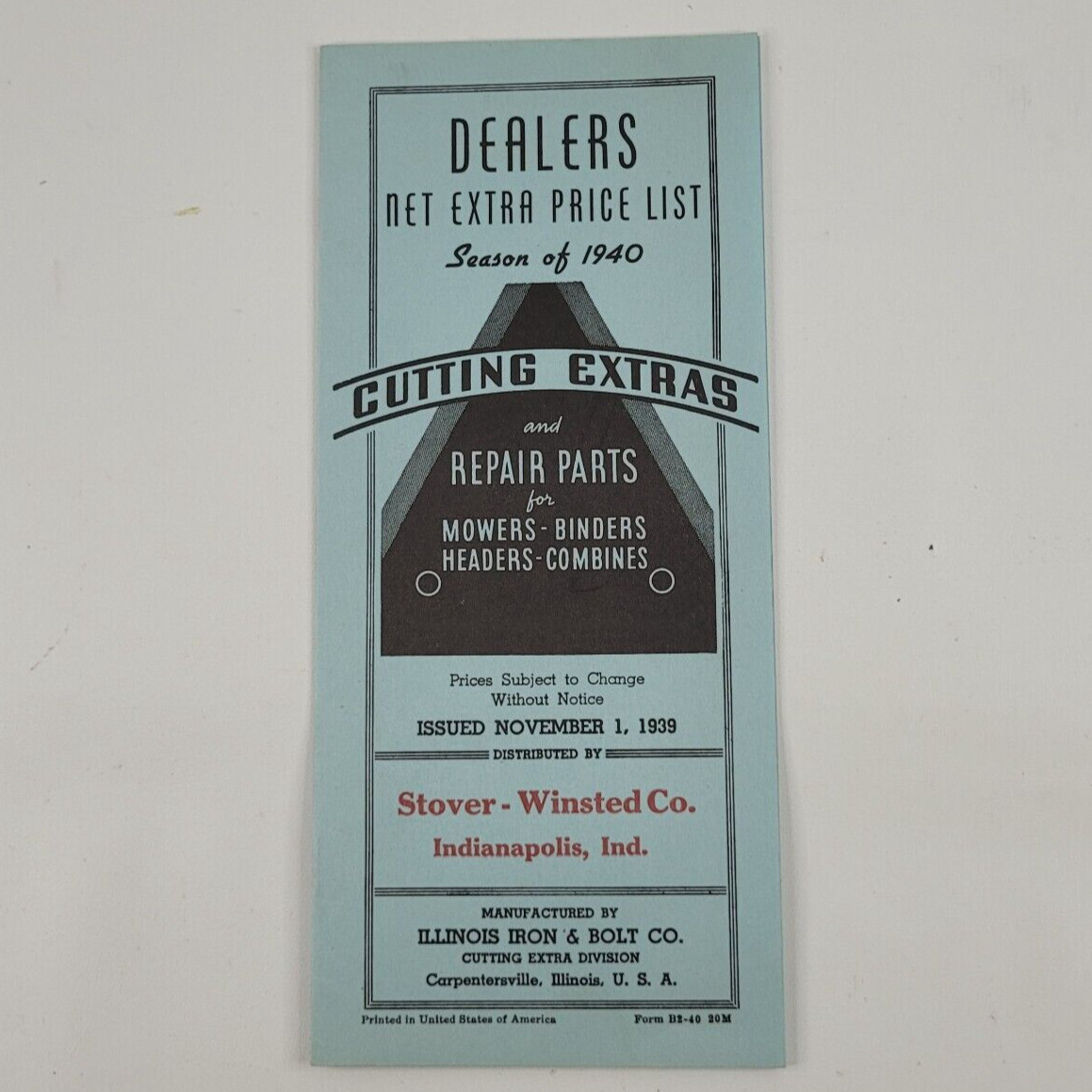 1939 Illinois Iron & Bolt Co. Cutting Extras Repair Parts Price List Mowers