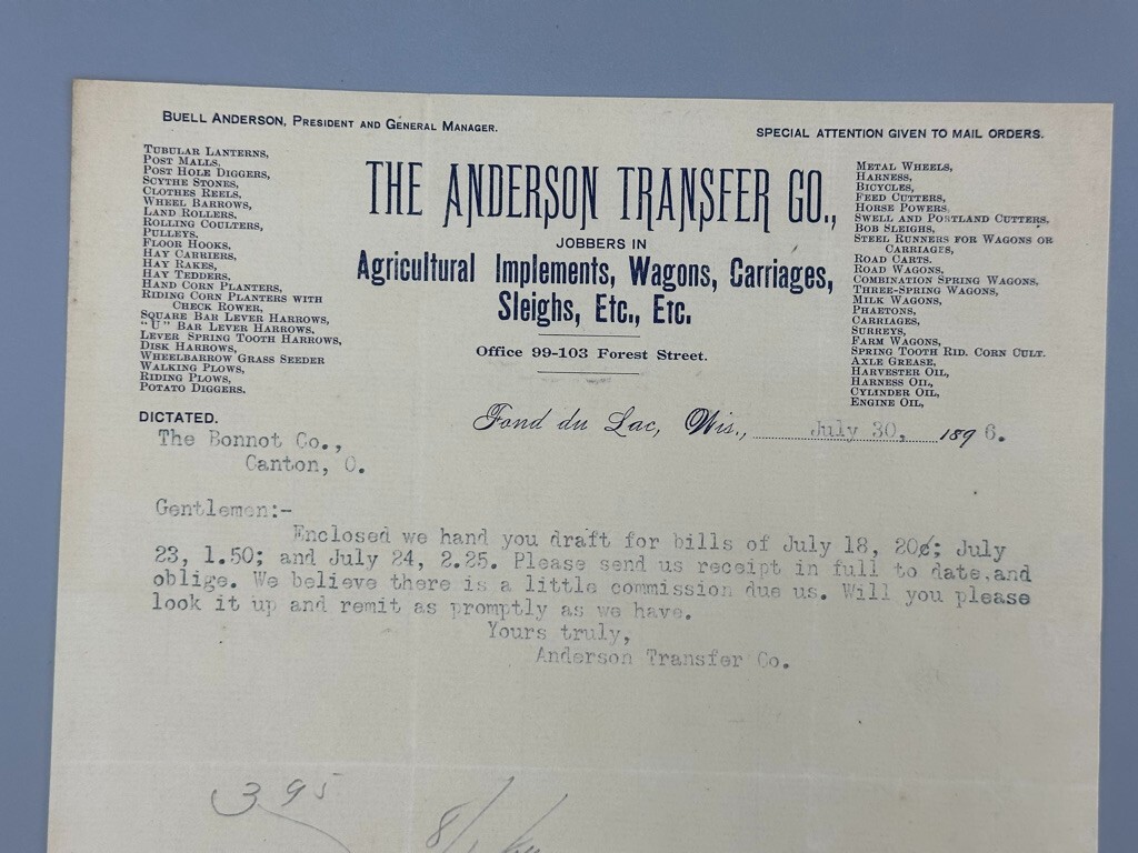 1892 -1896 ANDERSON Transfer Antique FARM Advertise Letter FOND Du LAC Wisconsin