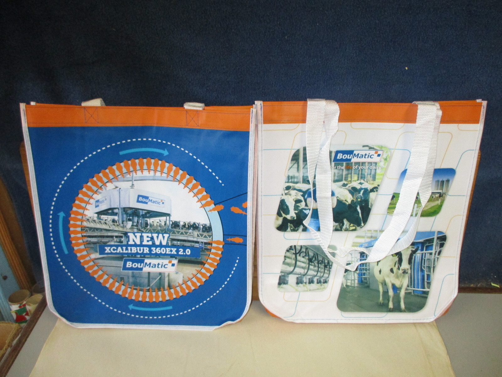 2 BOUMATIC DAIRY Shopping Bag Lot 13.5&Prime;x13.75&Prime; (Orange/Blue) XCALIBUR 360EX 2.0