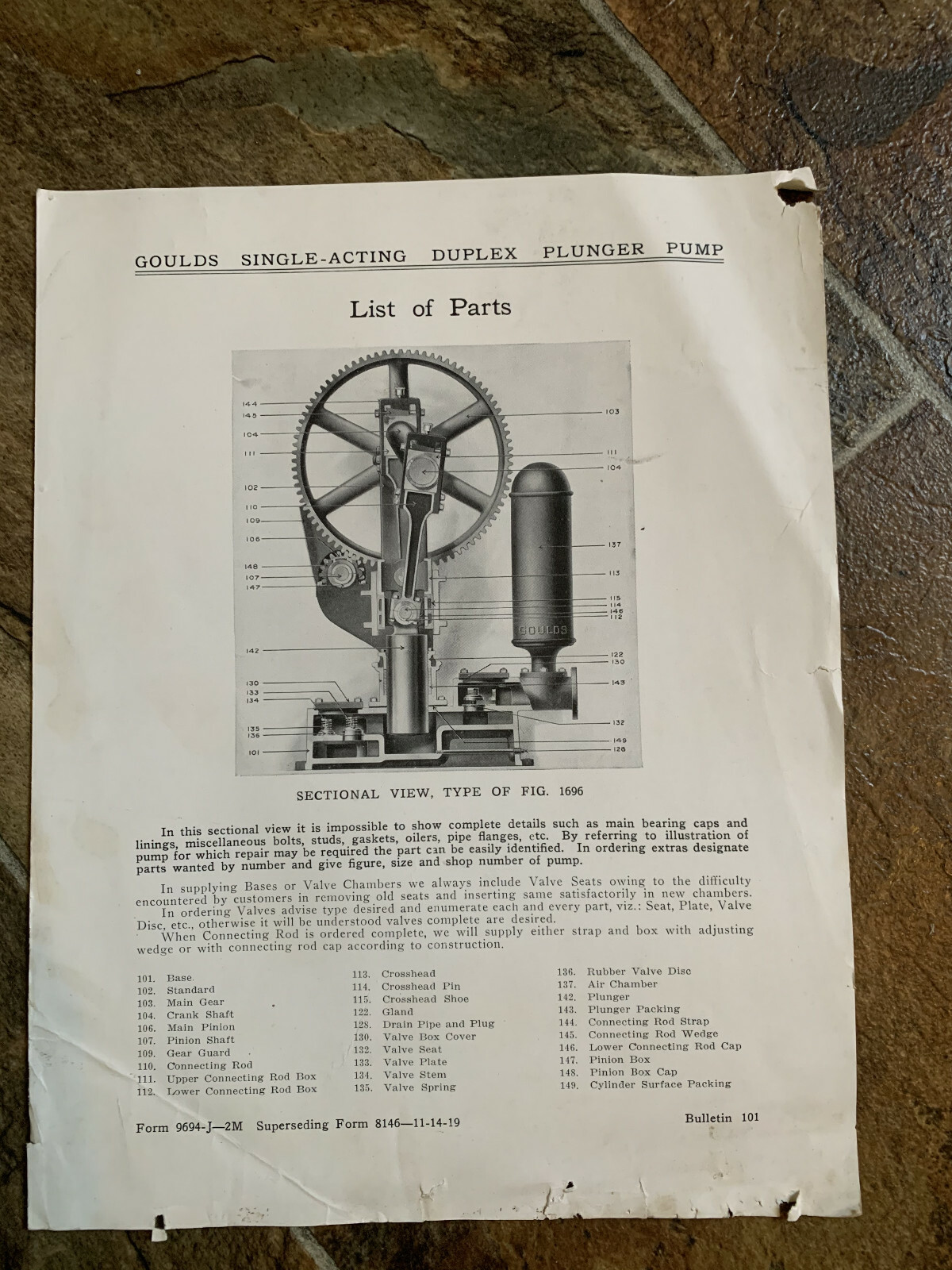 GOULDS DUPLEX PLUNGE ENGINE ONE PAGE Ad 1919 LIST OF PARTS SINGLE PAGE AD FORM