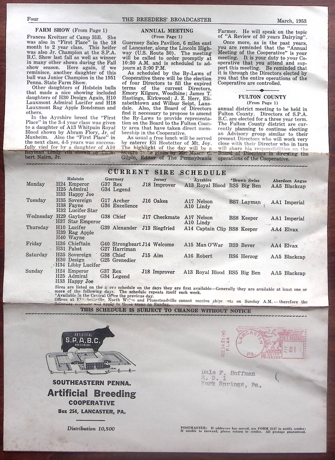 1953 THE BREEDERS&rsquo; BROADCASTER MARCH CATTLE S.P.A.B.C. BREEDERS NEWSLETTER Z6543