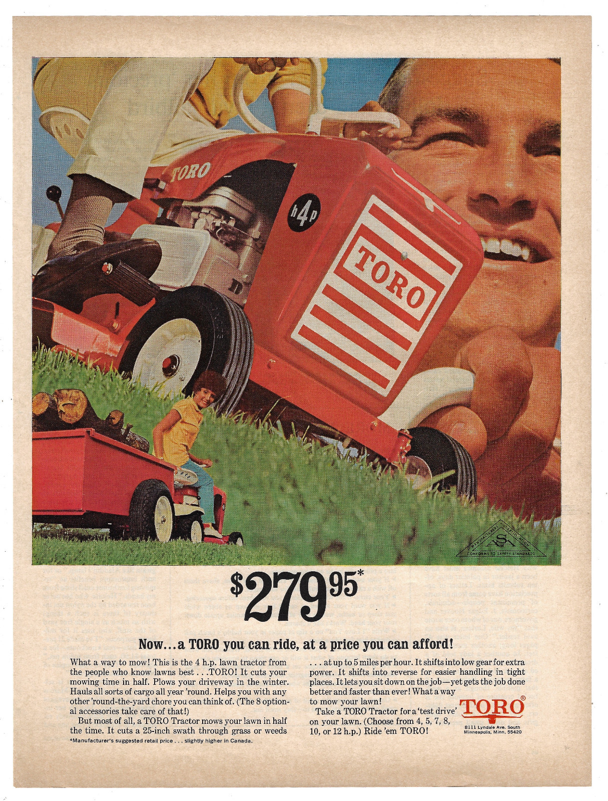 Toro Lawn Tractor Print Ad Vintage Advertisement Lawn Mower Household 1967