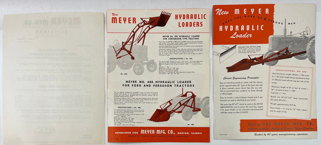 3 Meyer Mfg Co Hydraulic Loaders Farm Tractors Ad Sheets & Letter Morton 1954