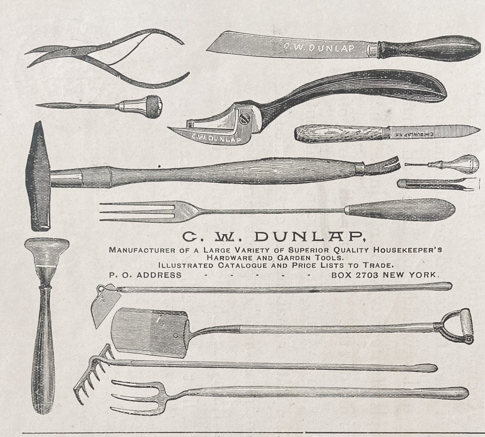 1894 AD.(XH8)~C.W. DUNLAP CO. HOUSEKEEPER’S HARDWARE AND GARDEN TOOLS