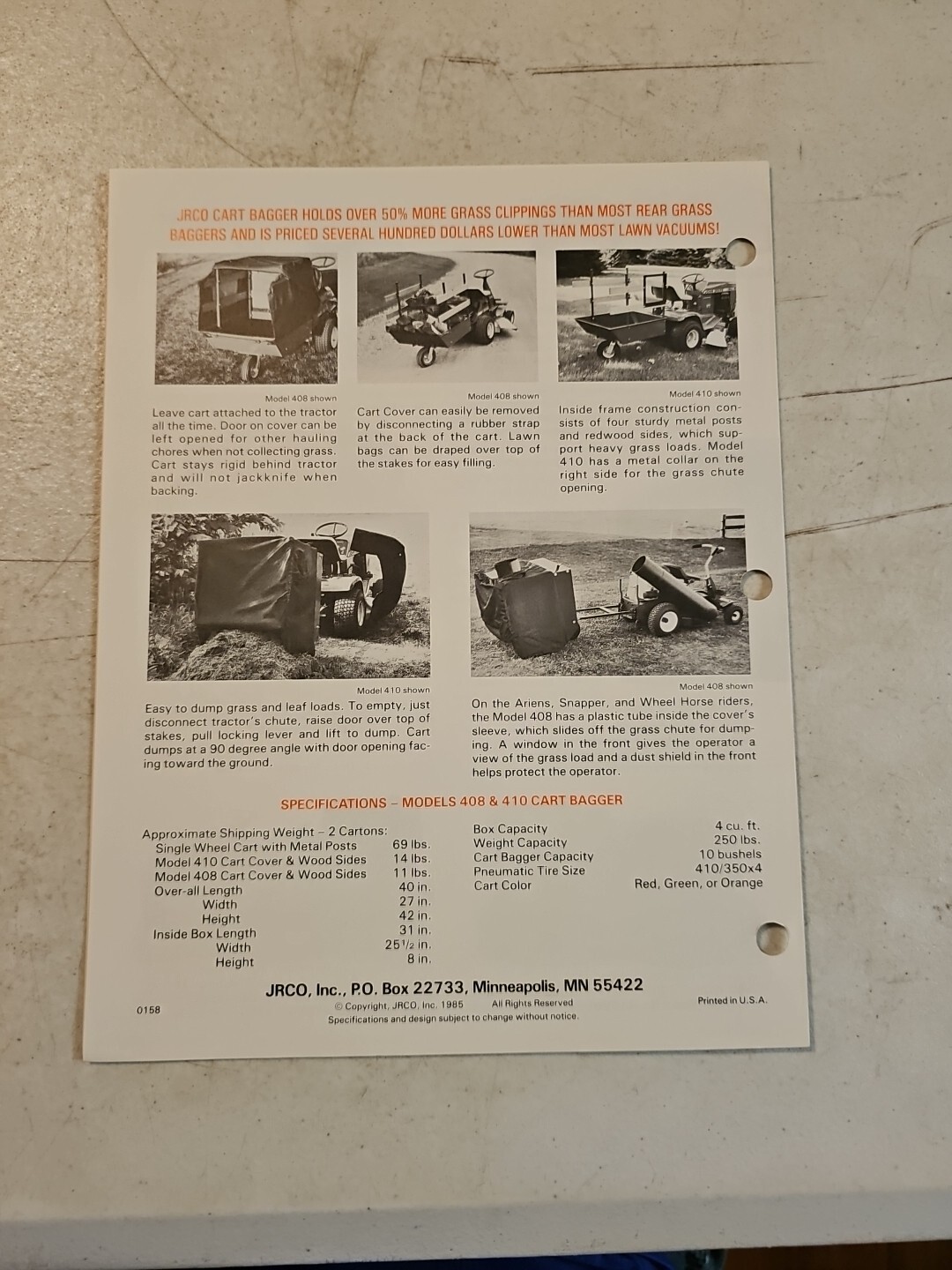 VINTAGE 1985 JRCO CART BAGGER GRASS COLLECTOR SALES BROCHURE
