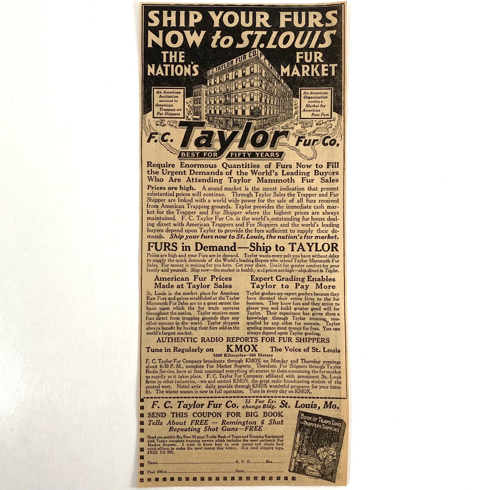 1927 F C Taylor Fur Co Vintage St. Louis MO Market Magazine Print Ad Old 20’s