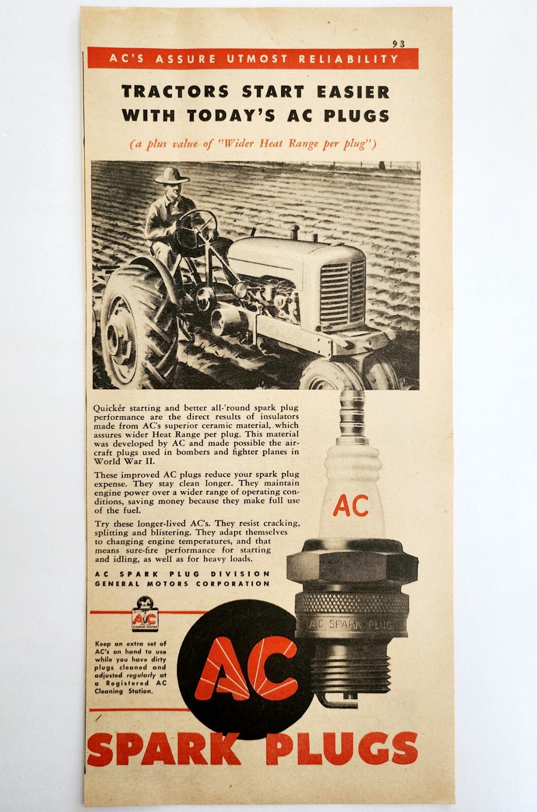 1947 AC Cleaning Station Spark Plugs Advertisement Farming Tractors DWNN18