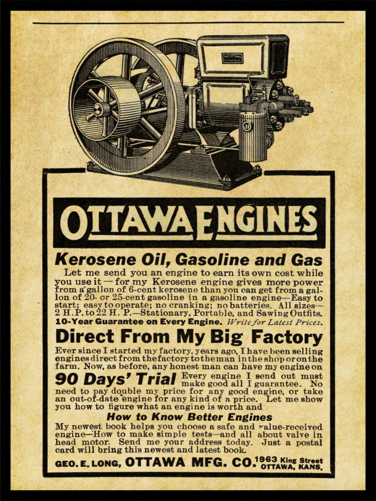 1917 Ottawa Gas Engines of Ottawa, Kansas NEW Metal Sign: 12×16 Large Size