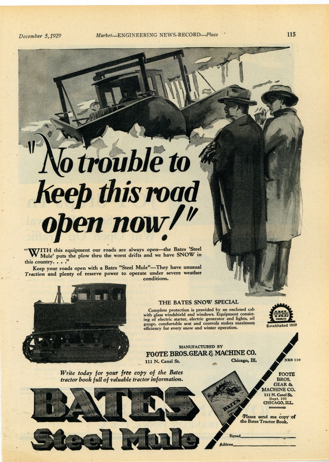 1929 Bates Steel Mule Crawler Tractor Ad: Foote Bros. Chicago, Illinois