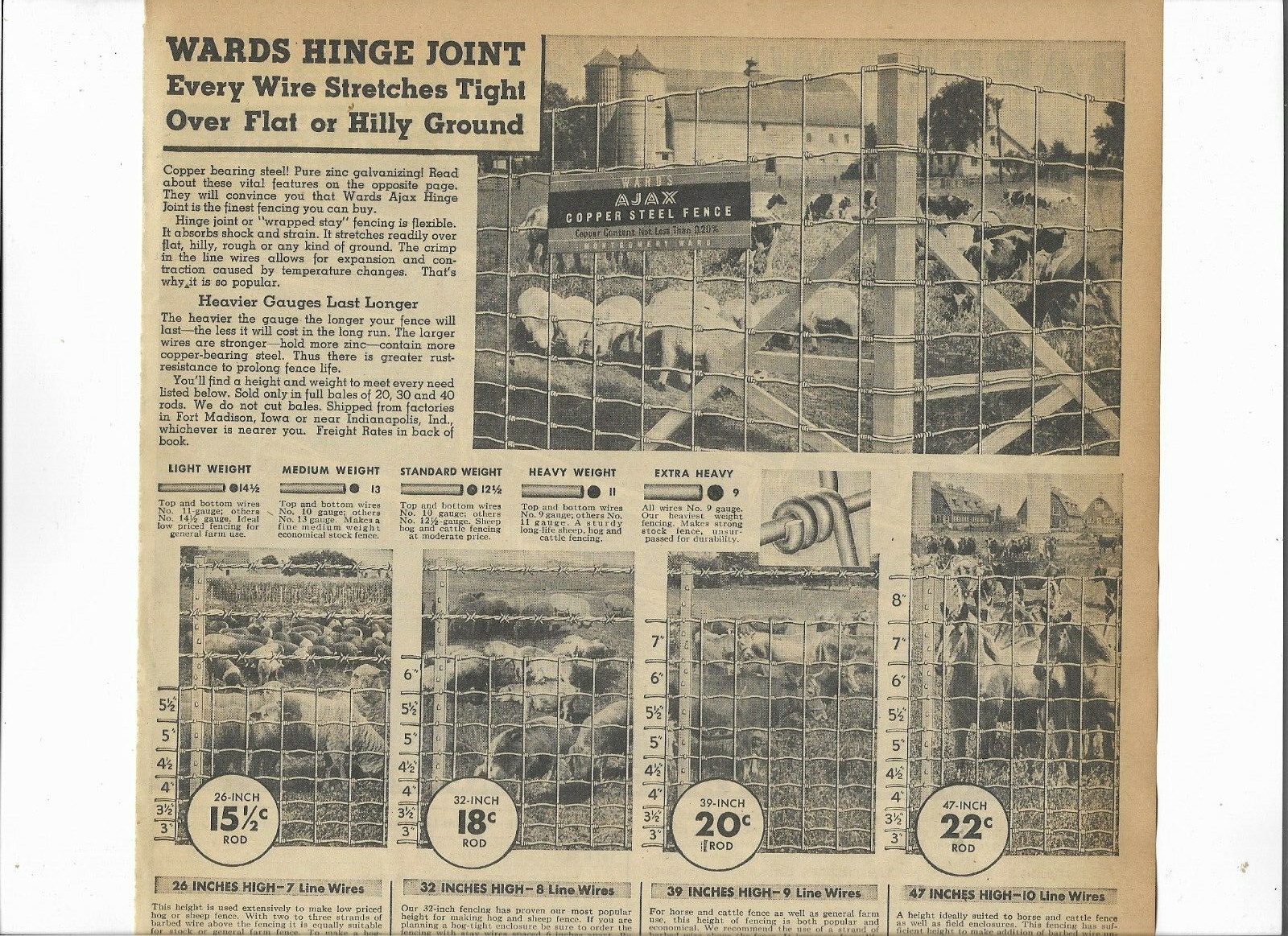 1936 Wards Catalog Ad Page CATTLE BARBED WIRE AJAX HOG FENCING HINGE JOINT